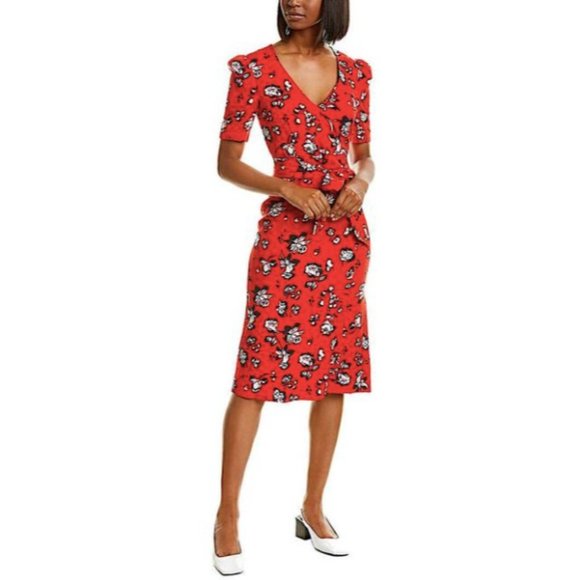 Veronica Beard Joia Red Multi Floral Print V-Neck Midi Dress Women's Size 2 - Picture 3 of 12